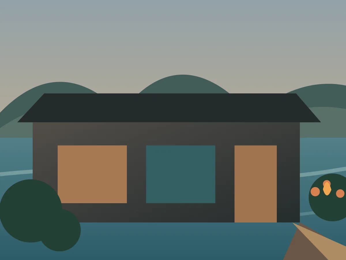 Fictional Kivu Ember Resort overlooking a calm lake
